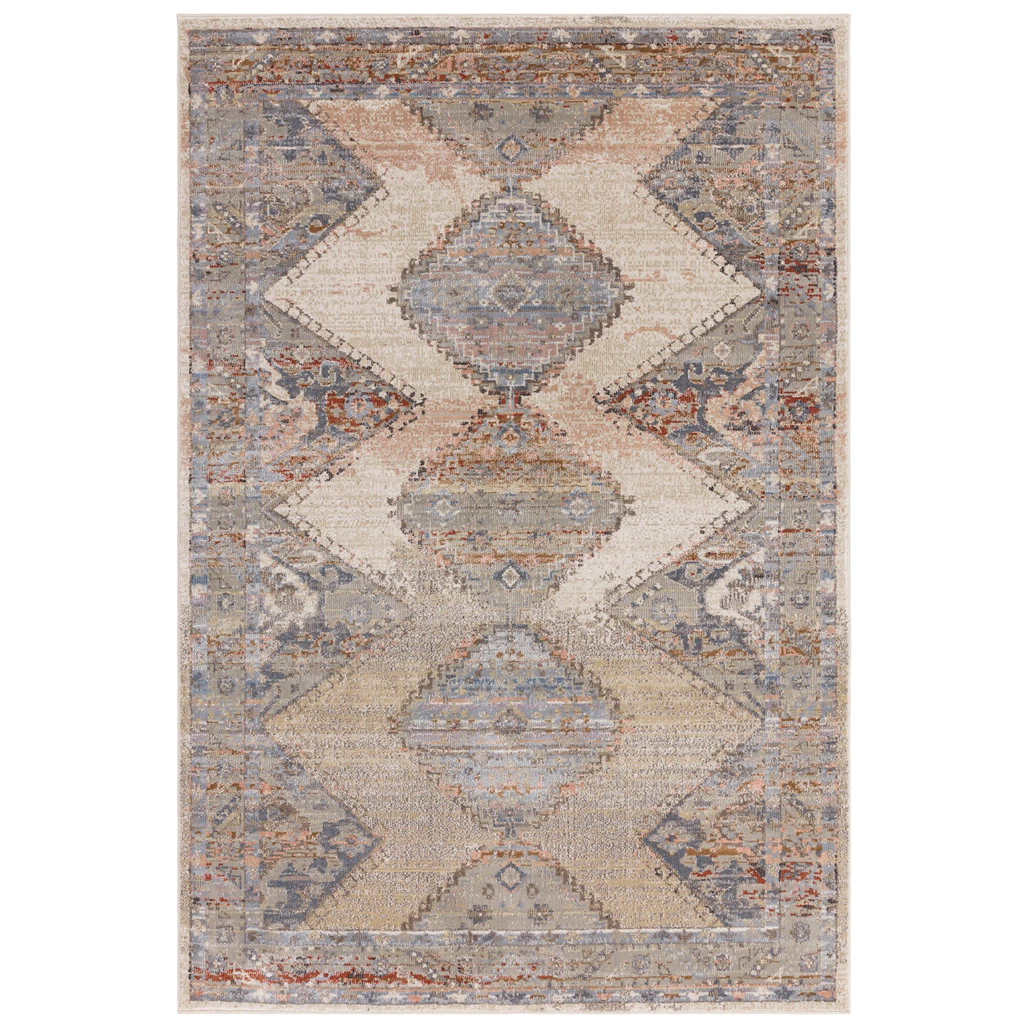 Traditional Heritage rug with bolder colour in a zig zag pattern. With premium density and a deep pile, in washed terracotta and blues with subtle high low details - Large. Pile Height: 10mm Dimensions: 1950 x 2900 mm Machine woven in Turkey Delivery: 5-7 days